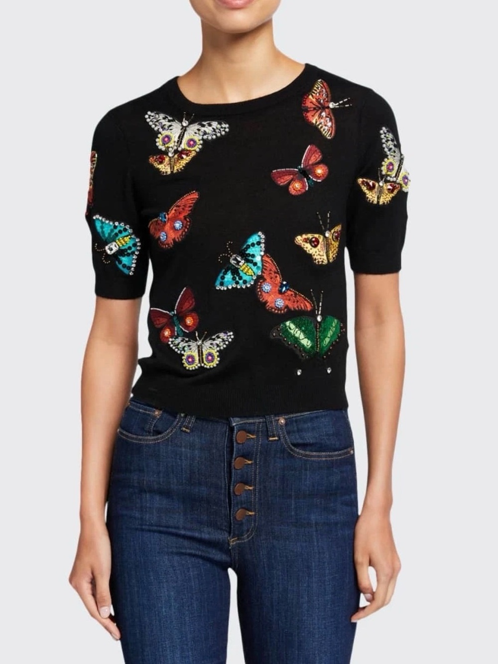 Alice + Olivia Black Short-Sleeve Knit Top with Multicolor Sequin Butterflies